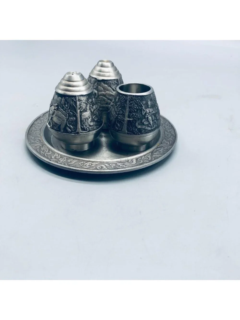 vintage Thailand metal salt & pepper shaker tooth pick holder tray elephant